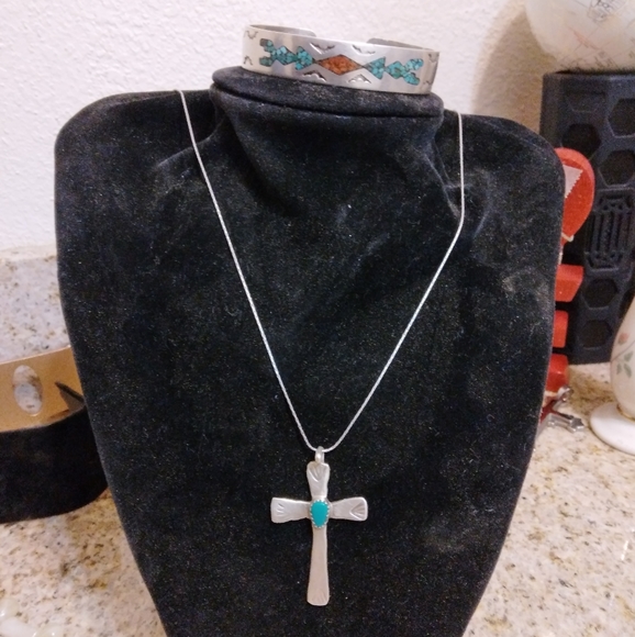 Navajo sterling turquoise and coral cross pendant and cuff bracelet - Picture 1 of 7